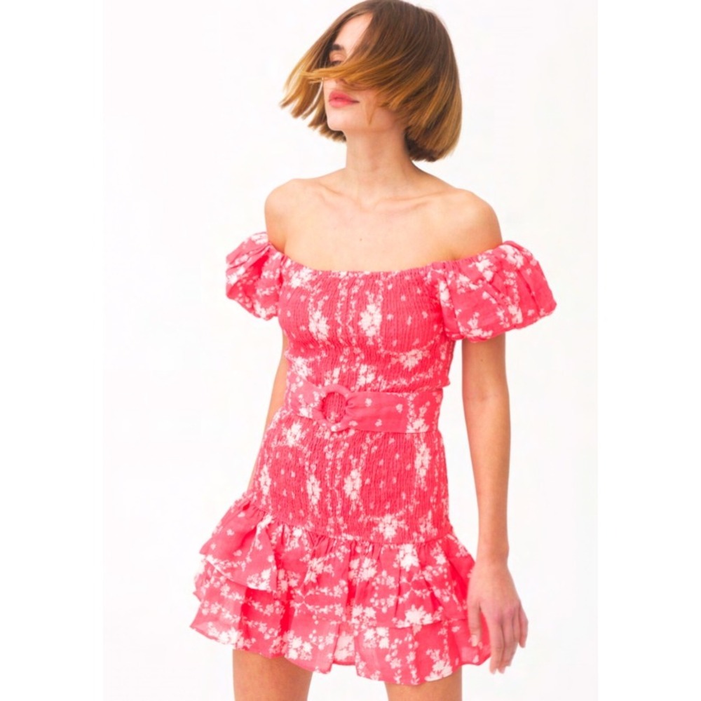 Maia Bergman Ada Pink Floral Smocked 100% Linen Puff Sleeve‎ Mini Dress EUC
